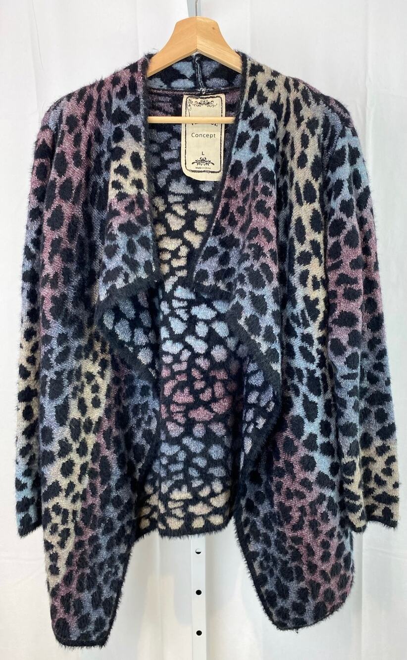 VINTAGE CONCEPT L Animal Print Open Cardigan Sweater Wrap Blue Purple Beige